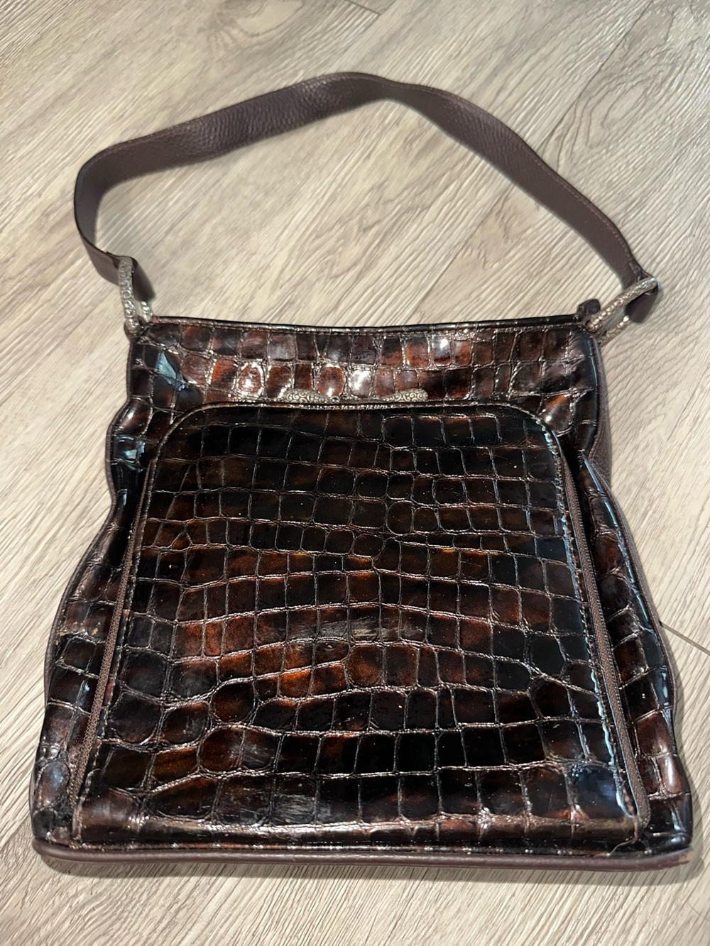Brighton Cher Brown Patent Moc Croc Embossed Leather Shoulder Bag Purse